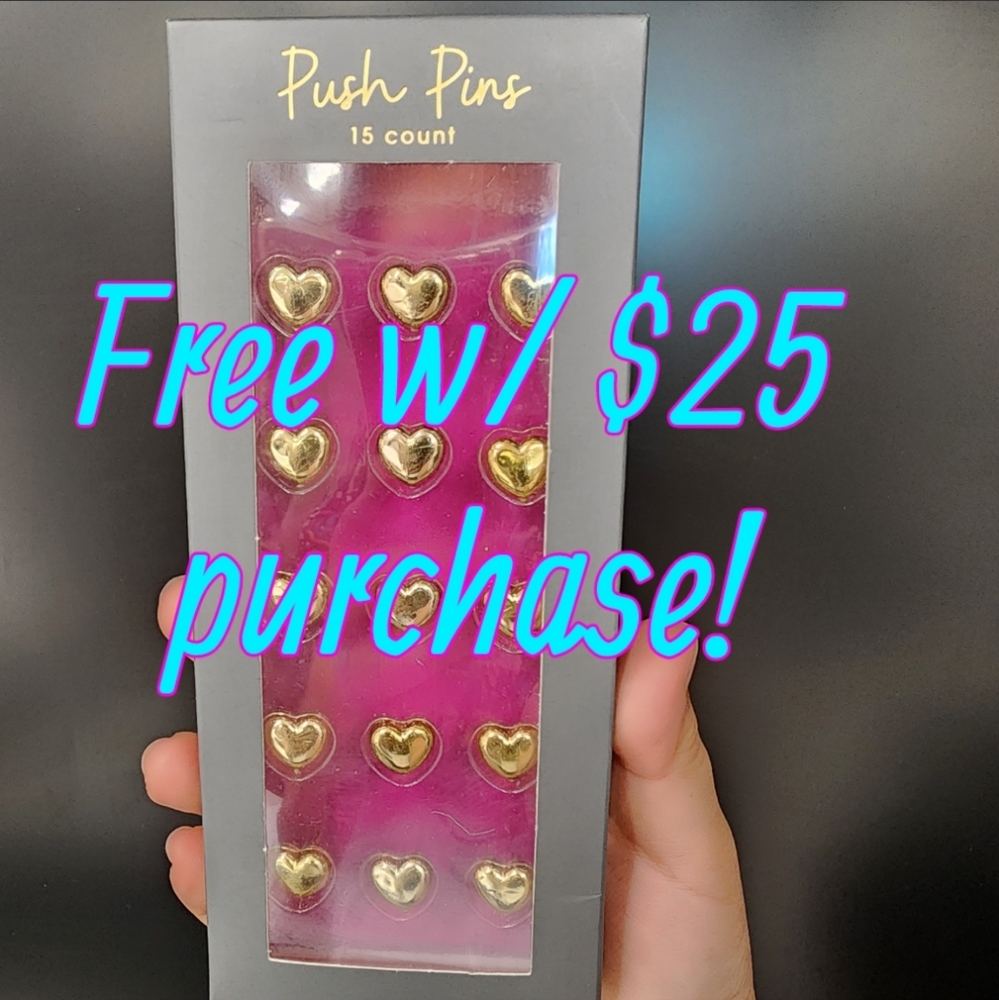Free with $25 purchase! Heart shaped gold tone push pins